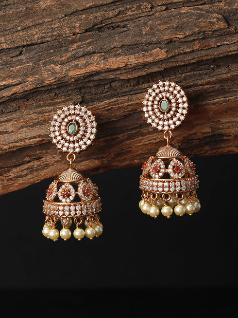 Gold Plated Green CZ Studded Pearl Beaded Jhumka earrings