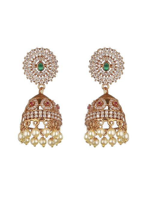 Gold Plated Green CZ Studded Pearl Beaded Jhumka earrings