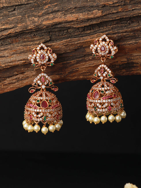 Gold Plated Multi Zircon Studded Pearl beaded Jhumka Earrings