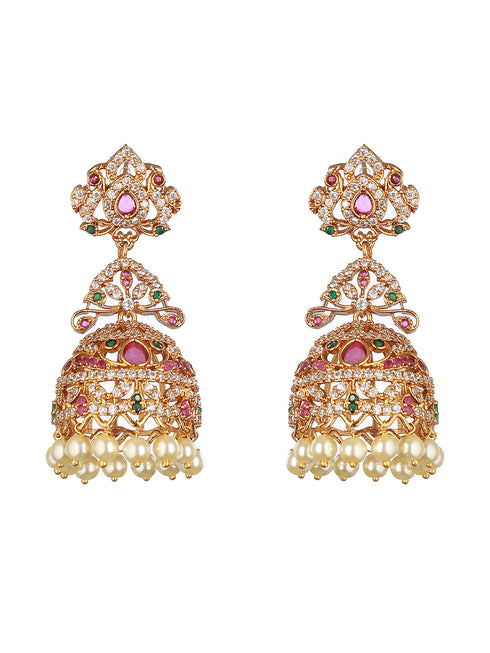 Gold Plated Multi Zircon Studded Pearl beaded Jhumka Earrings