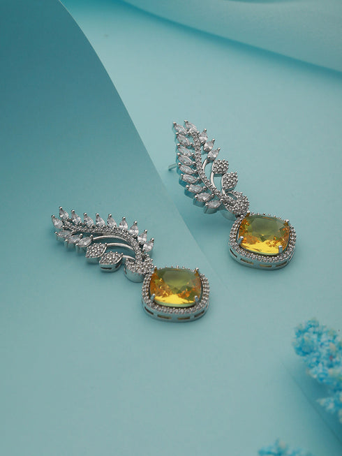 Silver Toned Yellow Citrine CZ Studded Statement Earrings