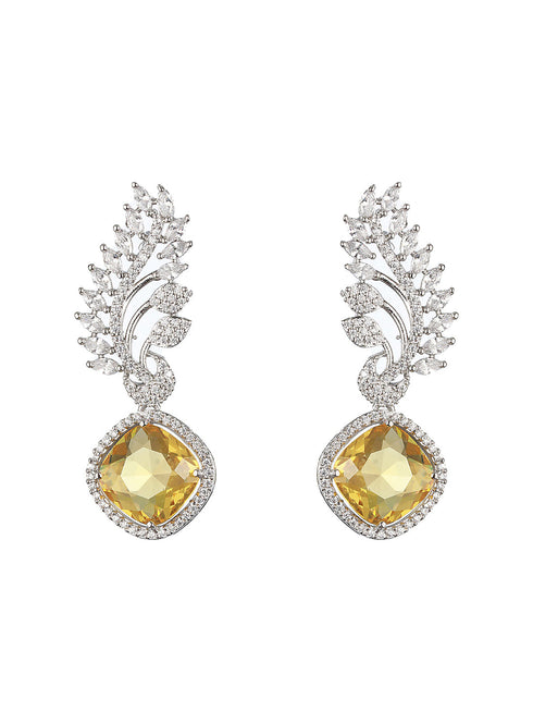 Silver Toned Yellow Citrine CZ Studded Statement Earrings