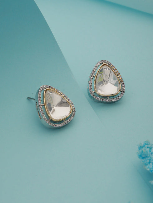 Silver Polish Kundan &CZ Studded Studds Earrings