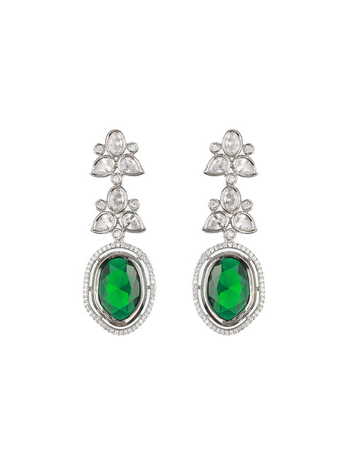 Silver Toned Green CZ Studded Designer Necklace Jewellery Set