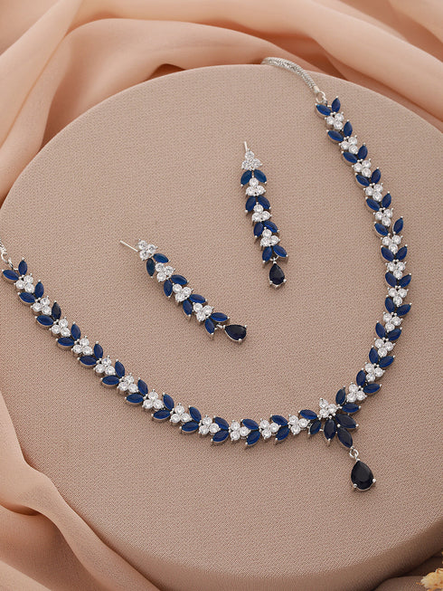 Silver Toned Blue AD Studded Necklace Set