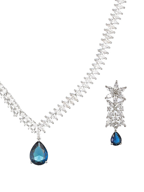 White Rhodium Blue Zircon Studded Statement Necklace Jewellery Set
