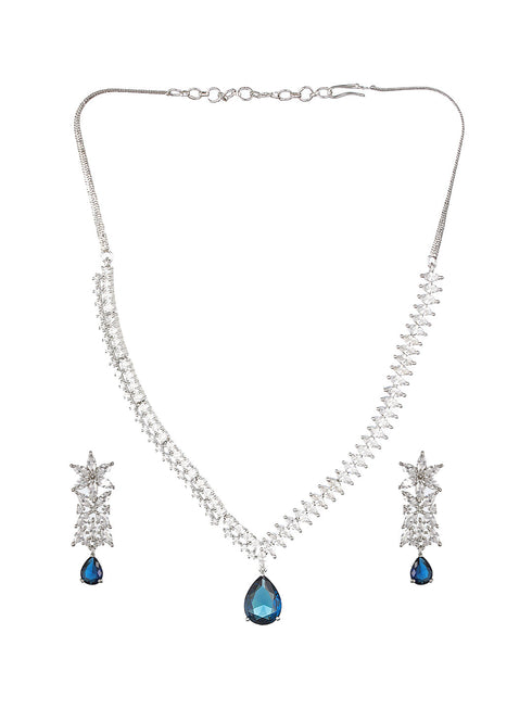 White Rhodium Blue Zircon Studded Statement Necklace Jewellery Set