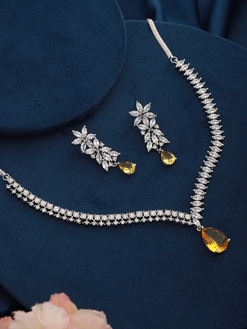 White Rhodium Yellow Topaz Zircon Studded Statement Jewellery Set