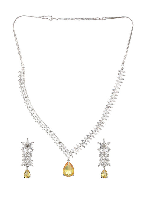 White Rhodium Yellow Topaz Zircon Studded Statement Jewellery Set