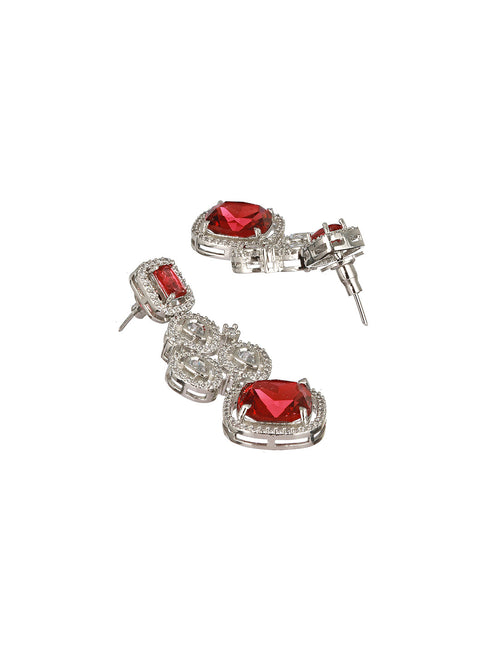 Silver Plated Red CZ Studded Statement Necklace Jewellery Set