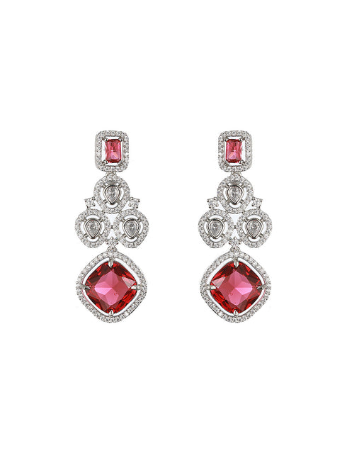 Silver Plated Red CZ Studded Statement Necklace Jewellery Set