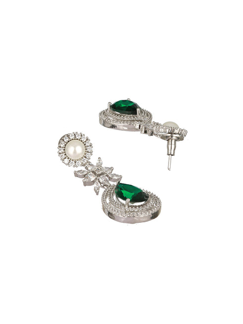 Silver Plated Green CZ & Pearl Studded Necklace Jewellery Set