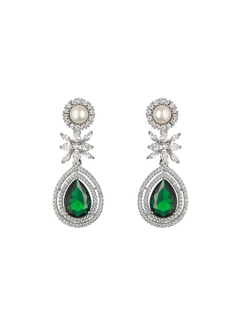 Silver Plated Green CZ & Pearl Studded Necklace Jewellery Set