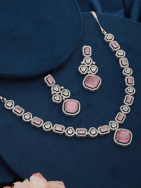White Rhodium Pink Zircon Studded DeSigner Necklace jewellery Set