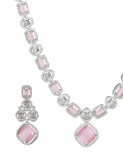 White Rhodium Pink Zircon Studded DeSigner Necklace jewellery Set