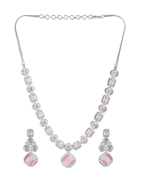 White Rhodium Pink Zircon Studded DeSigner Necklace jewellery Set