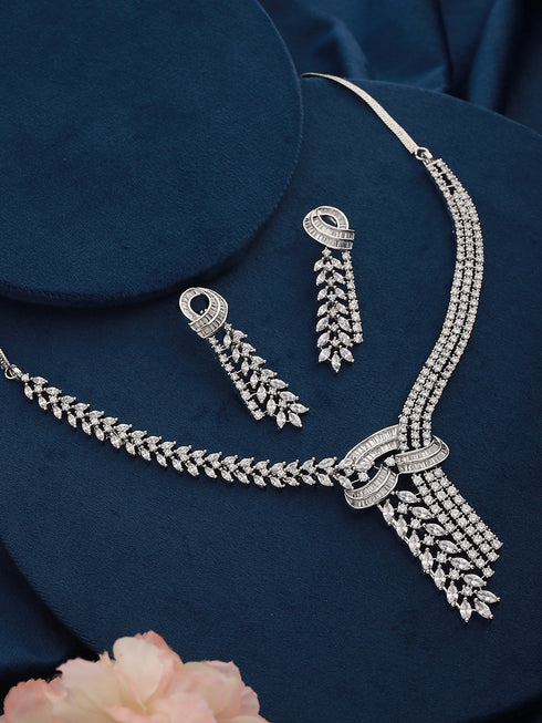 White Rhodium Cubic Zircon Studded Luxe Necklace Jewellery Set