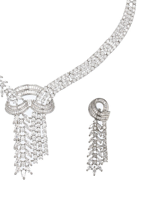 White Rhodium Cubic Zircon Studded Luxe Necklace Jewellery Set
