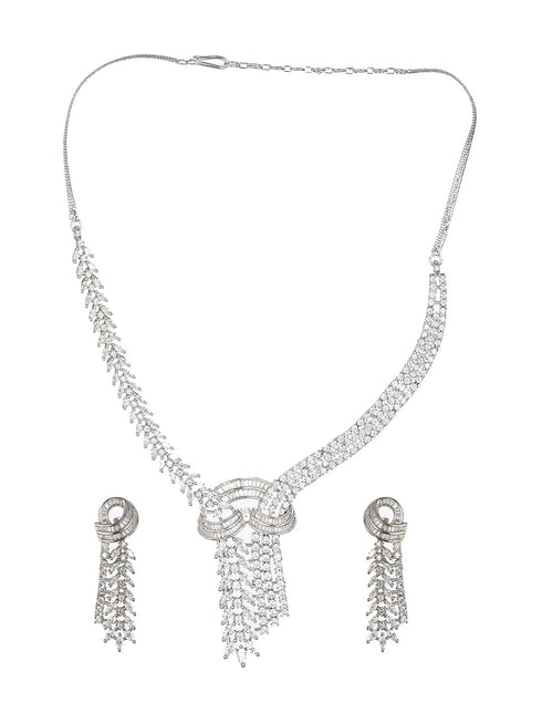 White Rhodium Cubic Zircon Studded Luxe Necklace Jewellery Set