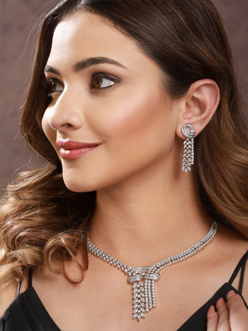 White Rhodium Cubic Zircon Studded Luxe Necklace Jewellery Set