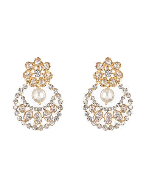 Gold Toned Zircon Studded Pearl Beaded Chandbali Drop Earrings