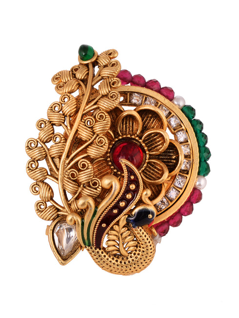 GoldPlated Green Kempo Peacock Motif Adjustable Finger Ring