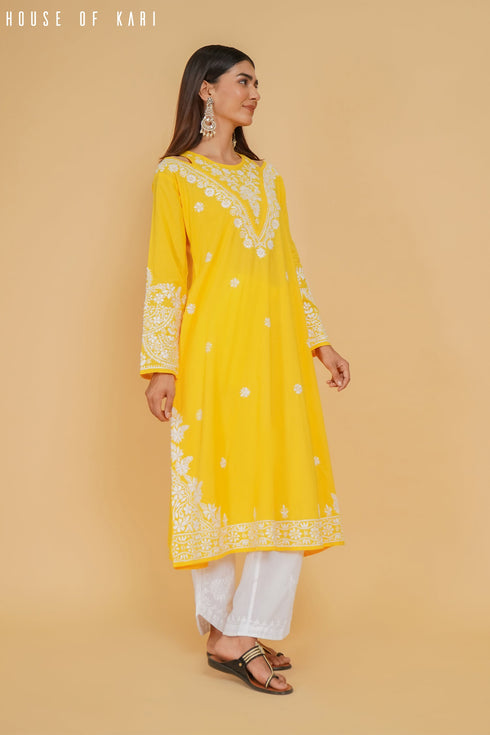 Sugandh in Cotton Chikankari Long Kurta Yellow