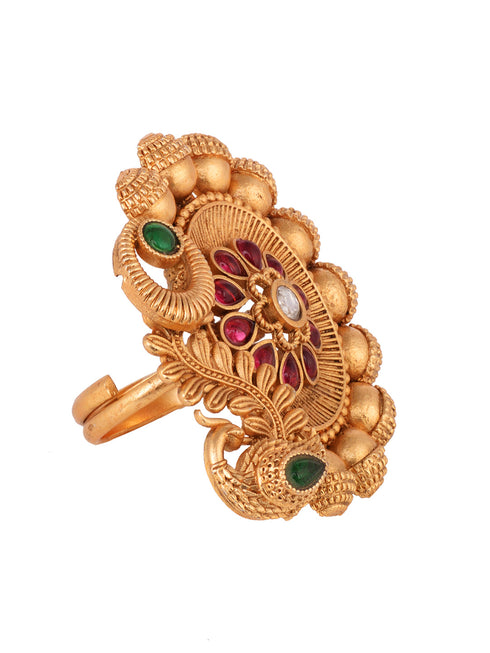 Women Red & GoldPlated AD Peacock Statement Adjustable Finger Ring