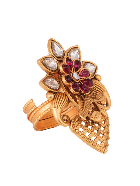 GoldPlated Red AD Studded Floral Adjustable Finger Ring