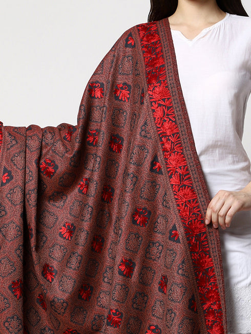 Women's Aari Embroidery Jammawar Wool Shawl