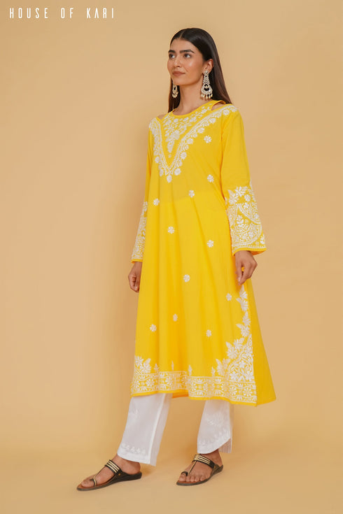 Sugandh in Cotton Chikankari Long Kurta Yellow