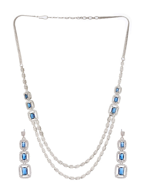 Silver Plated Blue Zircon Studded Double Lined Bridal Designer Jewellery set