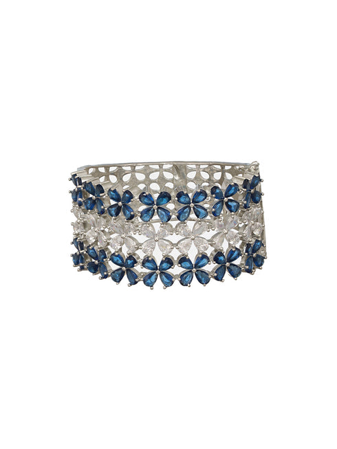 Silver Toned Blue Sapphire AD Studded Designer Bridal Kada Bracelet
