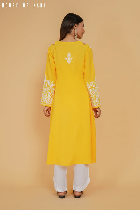 Sugandh in Cotton Chikankari Long Kurta Yellow