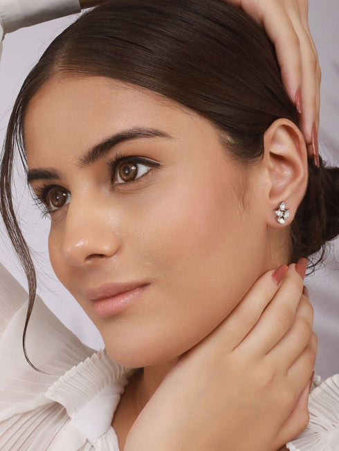 925 Sterling Silver AD Studded Rhodium Plated Leafy Studds Earrings