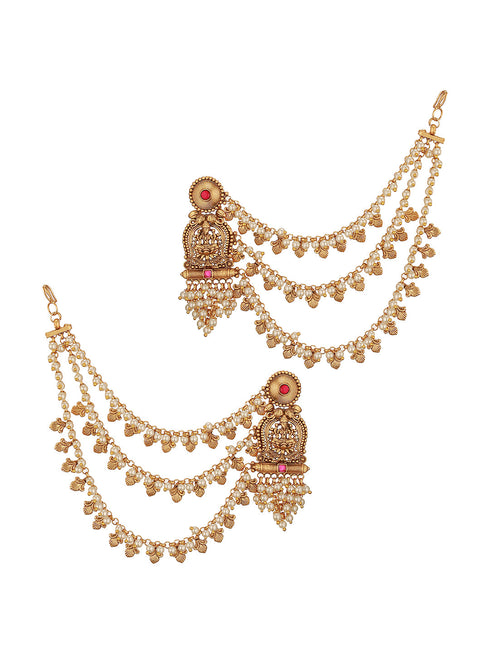 Gold Plated Kemp Stone Studded 3 Layered Pearl Lakshmi ji Design Temple Matil With Earchain Earrings