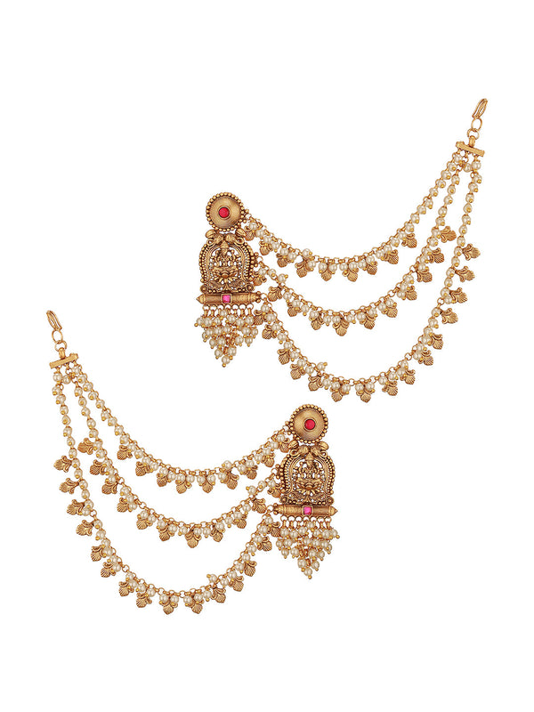 Gold Plated Kemp Stone Studded 3 Layered Pearl Lakshmi ji Design Temple Matil With Earchain Earrings