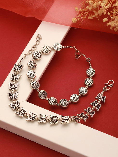 Silver Oxidised Toned Combo Floral & Butterfly Motif Minimal Dailywear Stackable Bracelet