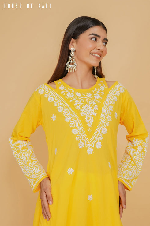 Sugandh in Cotton Chikankari Long Kurta Yellow