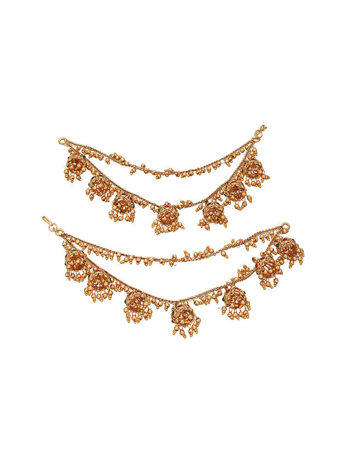 Gold Plated Double Layered Pearls Matil Jhumka Design Champaswaralu Temple Ear Chain Earrings