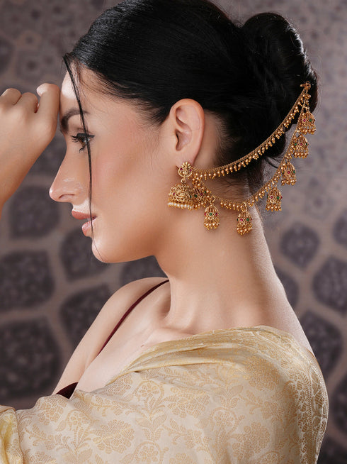 Gold Plated Double Layered Pearls Matil Jhumka Design Champaswaralu Temple Ear Chain Earrings