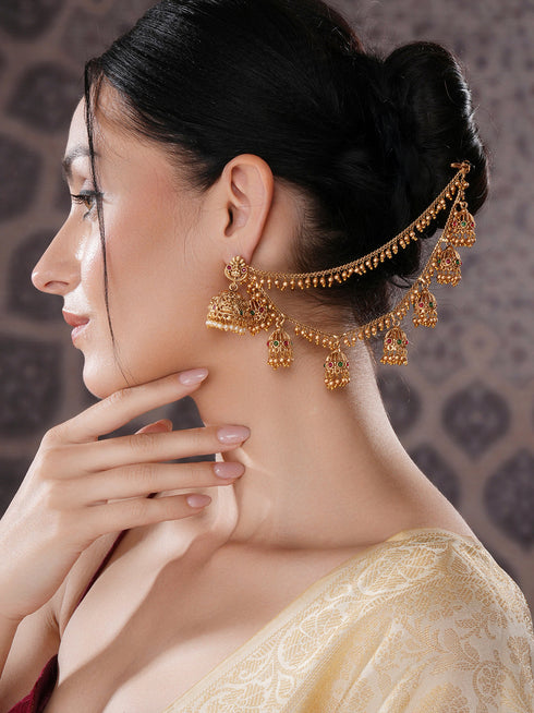 Gold Plated Double Layered Pearls Matil Jhumka Design Champaswaralu Temple Ear Chain Earrings