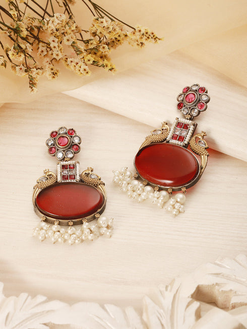 Silver Oxidised Dual Toned Red Stone & Pearl Beaded Peacocok Boho Statement Earrings