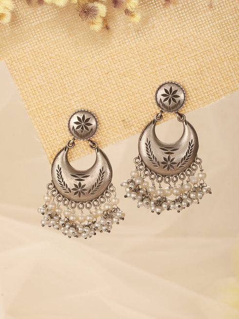 Oxidised Silver Lookalike Pearl Beaded Tribal Lightweight Chandbali Earrings