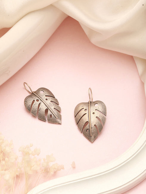 Oxidised Silver Lookalike Leaf Shaped Tribal Lightweight Fishhook Earrings