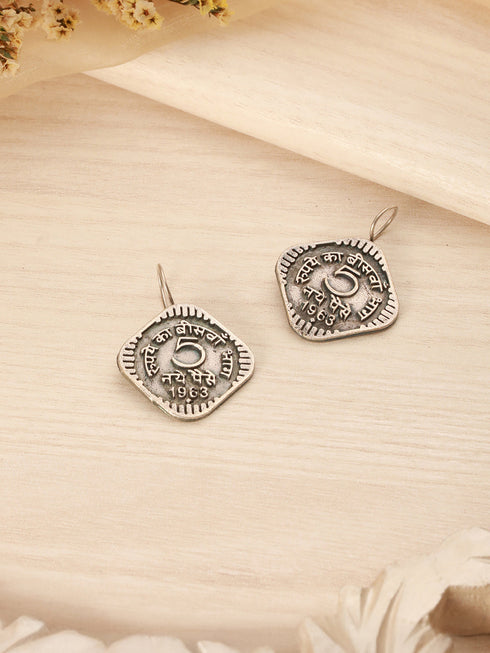 Oxidised Silver Lookalike 5 Paise Stamp Minimal Fishhook Earrings