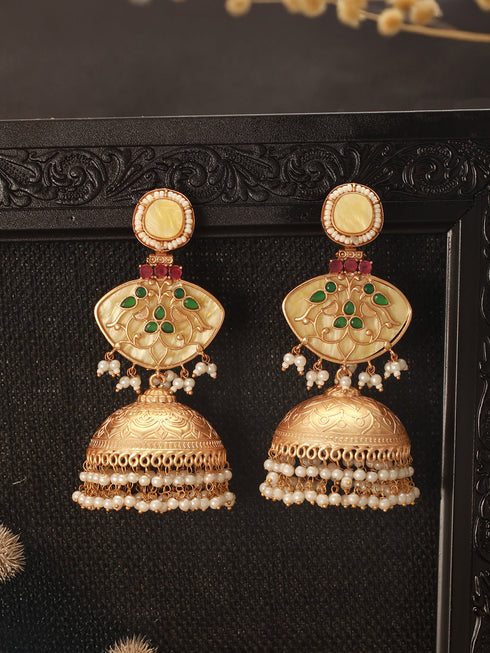 Gold Toned Pearl Beaded Fusion Statement Lightweight Designer Jhumka Earrings