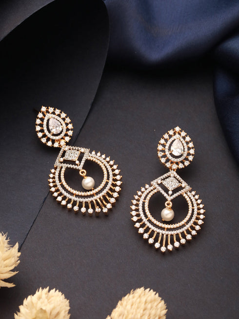 Gold Toned AD Zircon Studded Pearl Beaded Designer Chandbali earrings