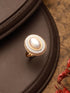 Gold Toned Off White Pearl Studded Engagement Designer Oval Adjustable Finger Rings