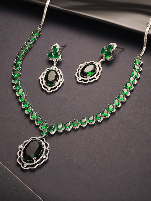 Silver Rhodium Plated Emerald Green Cubic Zirconia Designer Bridal Pendant Jewellery Set